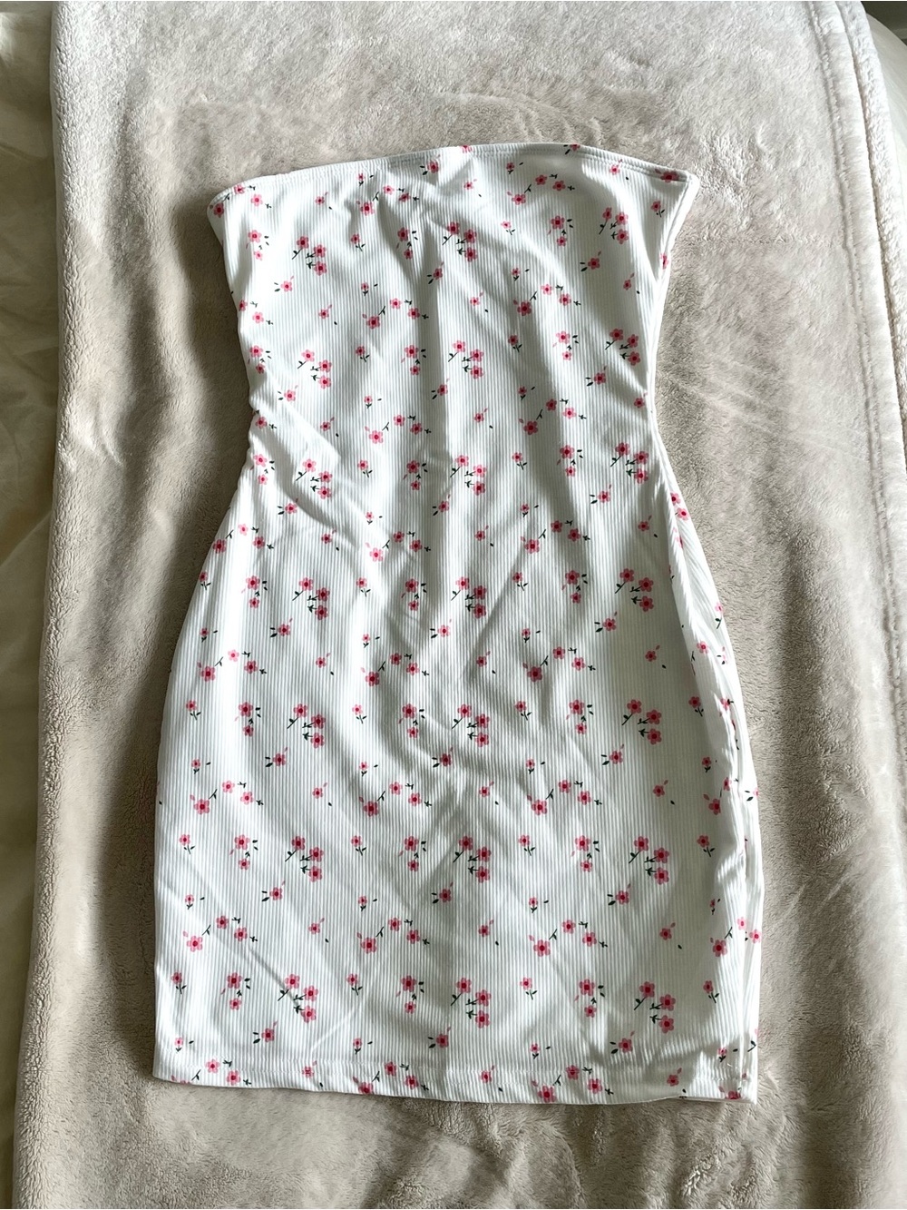 Strapless White Mini Dress with Pink Floral Print